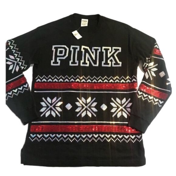 Victoria’s Secret Pink Bling Sequin Christmas Oversized tee shirt black - Picture 2 of 7